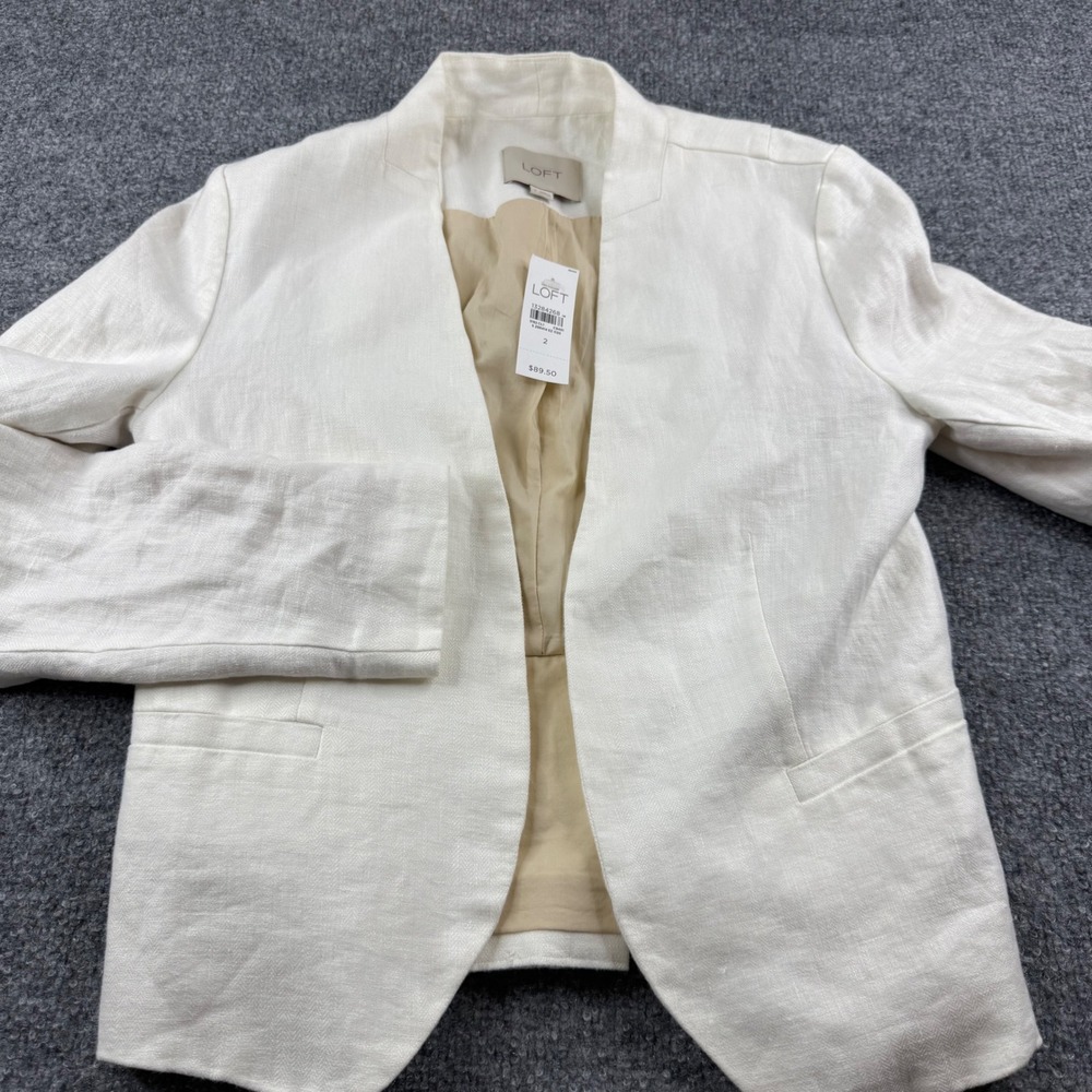 Loft Linen Blazer Women 2 Off White Herringbone Open Front Collarless Peplum NWT